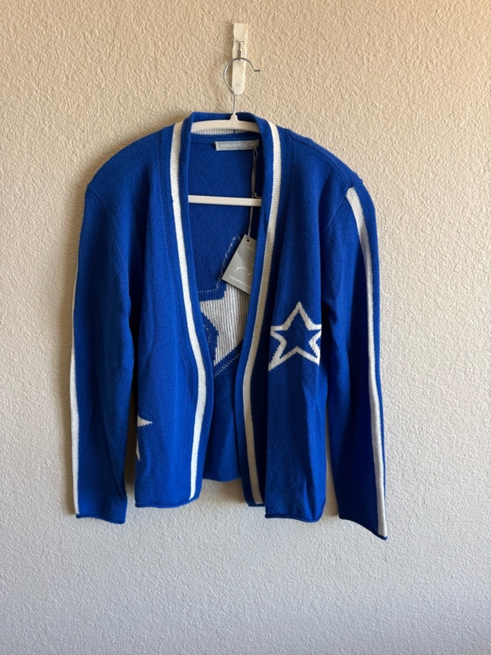NWT Hannah Rose Merino Wool & Cashmere Open Front Cardigan Blue & White Medium - Picture 8 of 8